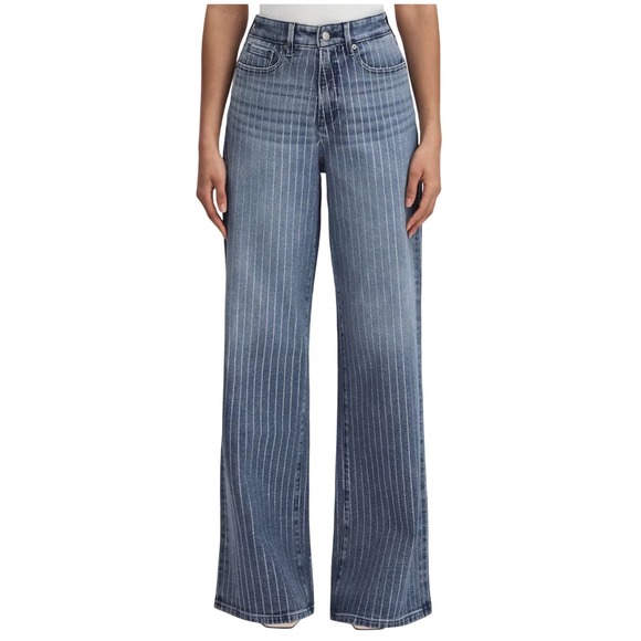 $450 GOOD AMERICAN Wide Leg Jeans Crystal Rhinestone Stripe Relaxed Denim 8/29